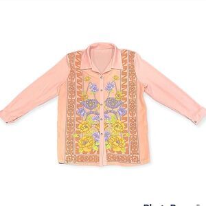Vintage 70’s 80’s Pink Long Sleeve Button Down Knit Collared Floral Asian Shirt